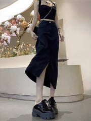 Qadınlar üçün Qara Denim Midi Ətək, 2026 Yeni Yay Modeli, Nazik, Arıqladıcı, Böyük Ölçülü, Dolğun, Boş A-xəttli, Orta Uzunluqlu Ətək