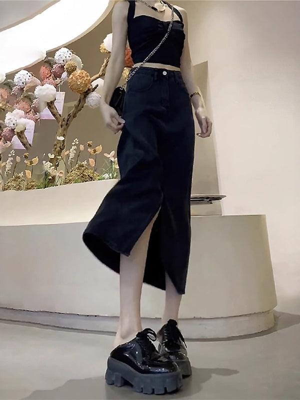 Qadınlar üçün Qara Denim Midi Ətək, 2026 Yeni Yay Modeli, Nazik, Arıqladıcı, Böyük Ölçülü, Dolğun, Boş A-xəttli, Orta Uzunluqlu Ətək