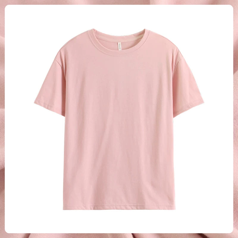 Qadınlar üçün tək üst pijama, təmiz pambıq nazik çəhrayı rəngli qısaqol köynək, ev paltarından kənarda geyinilə bilən dəyirmi boyunlu pullover