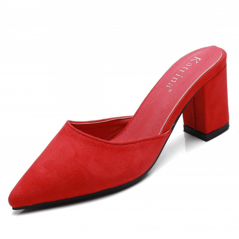 2025 Spring New Arrival Korean Style Pointed Toe Thick Heel Women's Half Mules, Fashionable and Multifunctional Fitting Room High Heel Slip-on Loafers