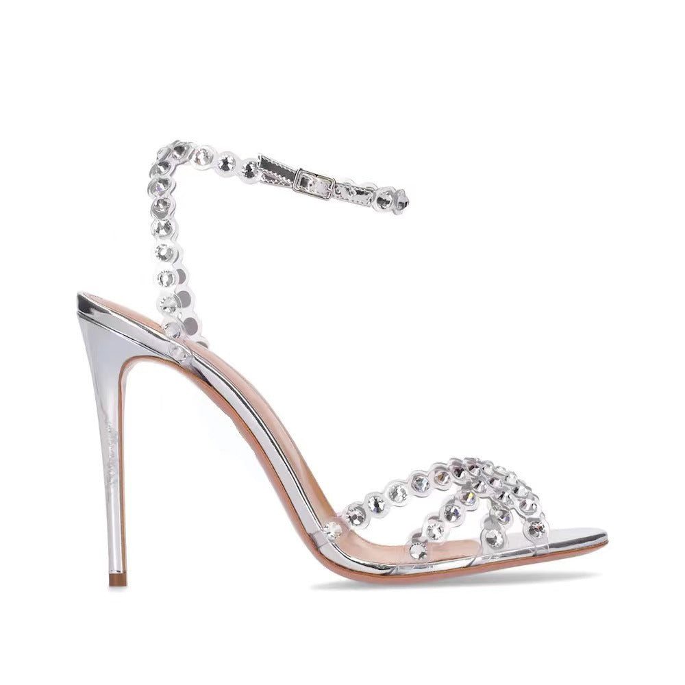 Qadın Ayaqqabıları Eleqant xanım yüksəkdabanlı jelly brilyant sandal stiletto dairəvi barmaqlı gümüşü yüksəkdabanlar qadınlar üçün
