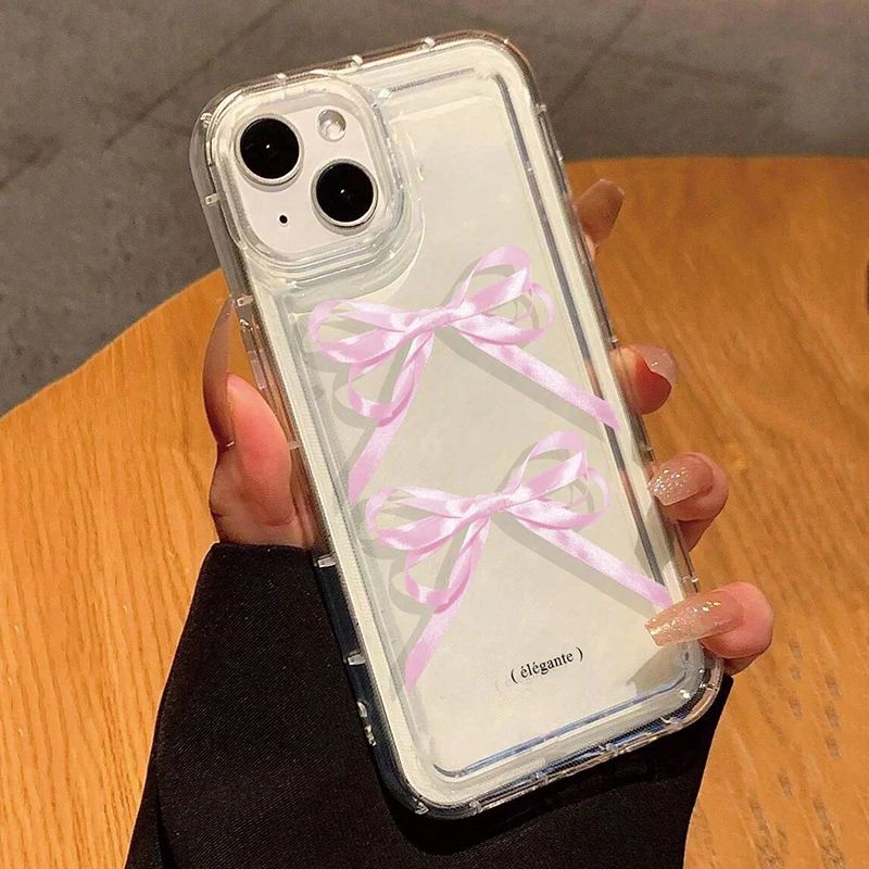 iPhone 15 üçün Koreyalı Şirin Çəhrayı Bowknot Şəffaf Telefon Çantası