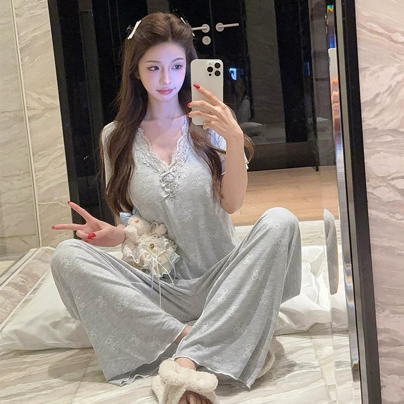 Qadınlar üçün sərin modal pijama yastiqli qısaqol şalvar dəsti ilə seksi krujeva ev geyimi nazik kəsikli