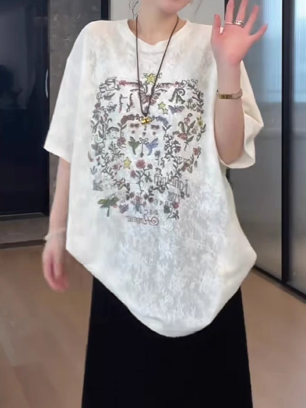 Qadınlar üçün qalın printli qısaqol futbolka, 2026-cı il yayı, böyük ölçüdə, geniş formada, arıqladıcı, yeni və çoxfunksiyalı köynək.