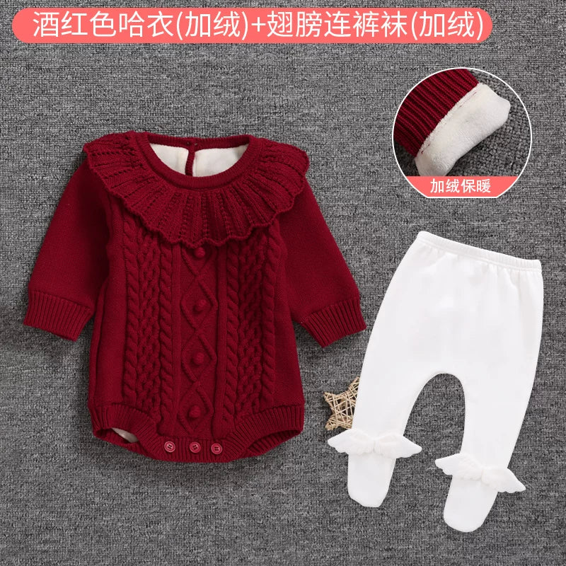 Qız uşağı üçün qış sviteri, yun astarlı, yeni doğulmuş/tam aylıq körpə geyimləri, şahzadə stilində şık romper, ilk ad günü dəsti, qırmızı.