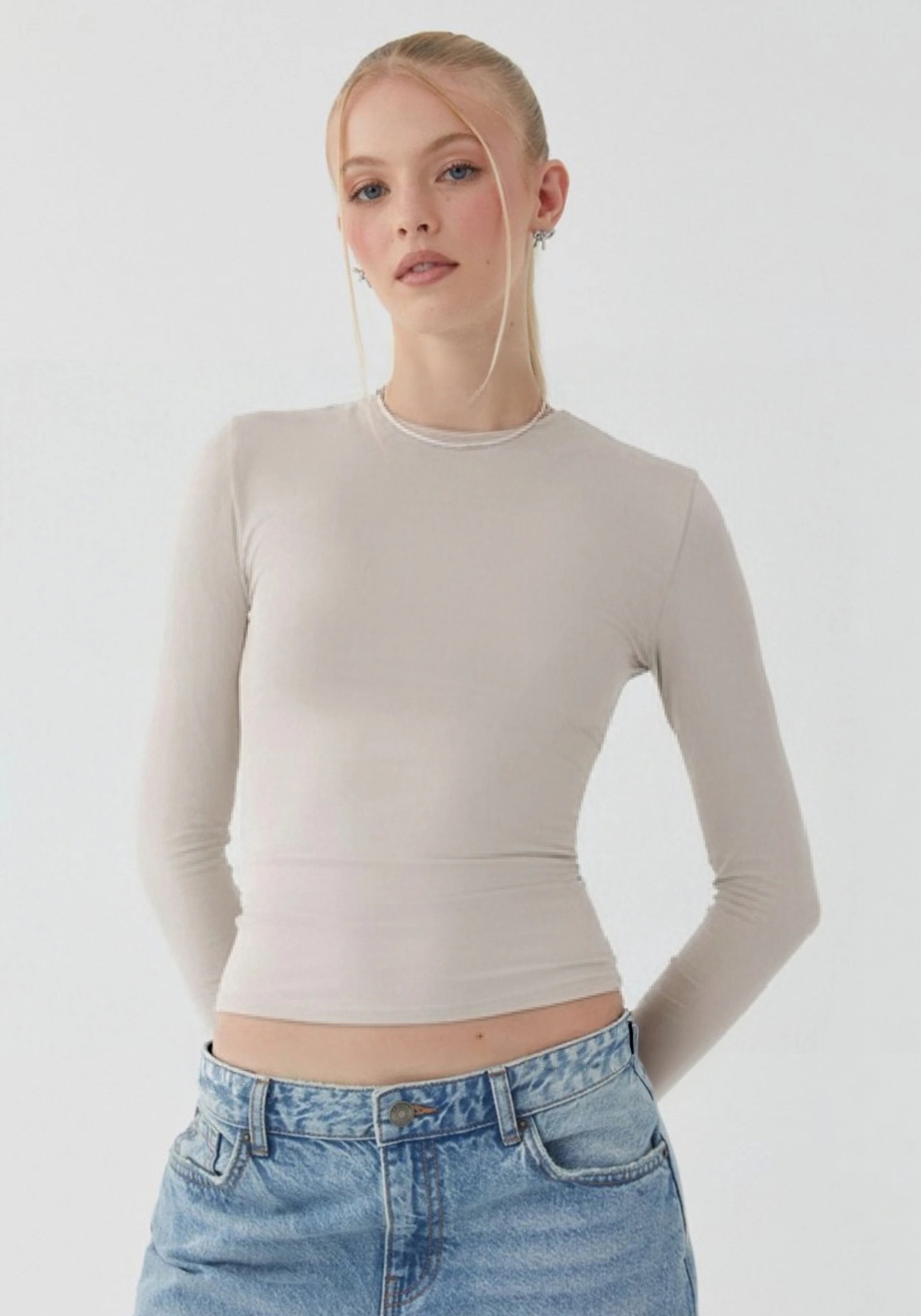 Avstraliya S-brendli SK*M dupe! Qadınlar üçün düz rəngli, tikişsiz, uzanan uzunqol köynək, seksual üslublu top, ixrac keyfiyyəti.