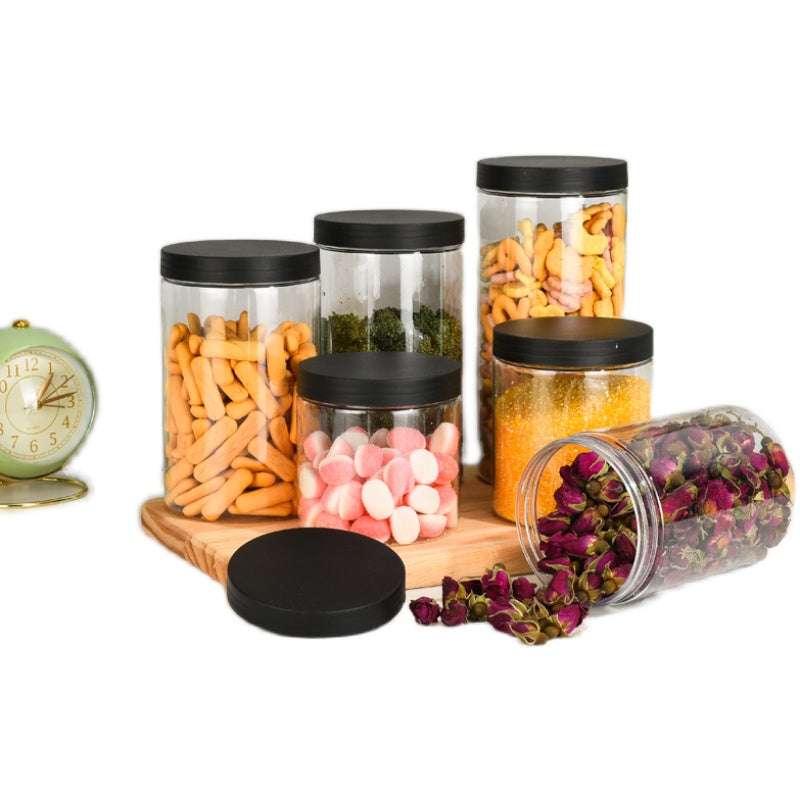 85 qara şaxtalı qapaq qalınlaşdırılmış şəffaf plastik banka pet möhürlənmiş banka qoz bal qablaşdırma toz keçirməyən plastik şüşə