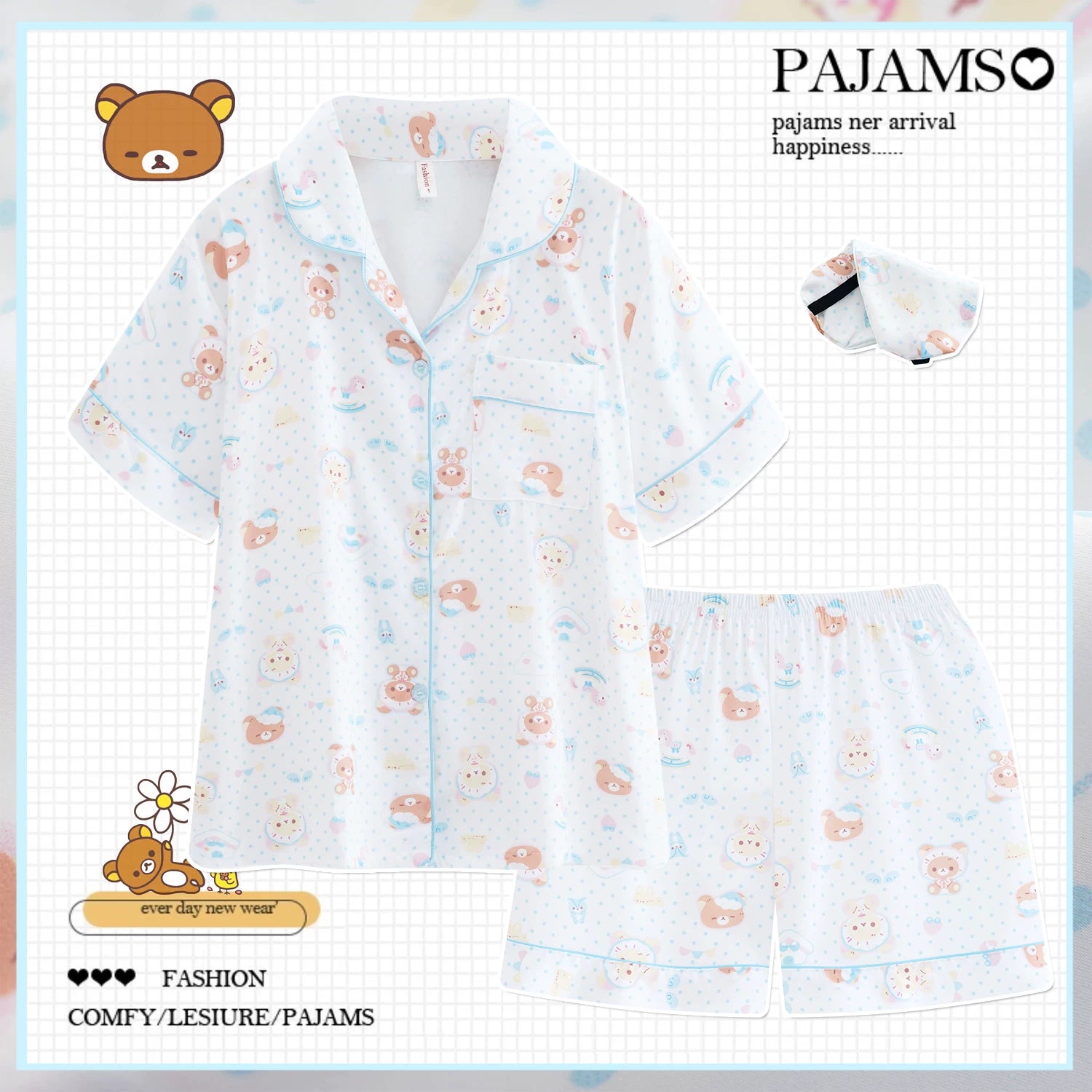 Rilakkuma pijama qadın yay buz ipək qısaqol şort və şalvar üç parça dəst cizgi filmi sevimli polka nöqtəli ağ ev paltarı