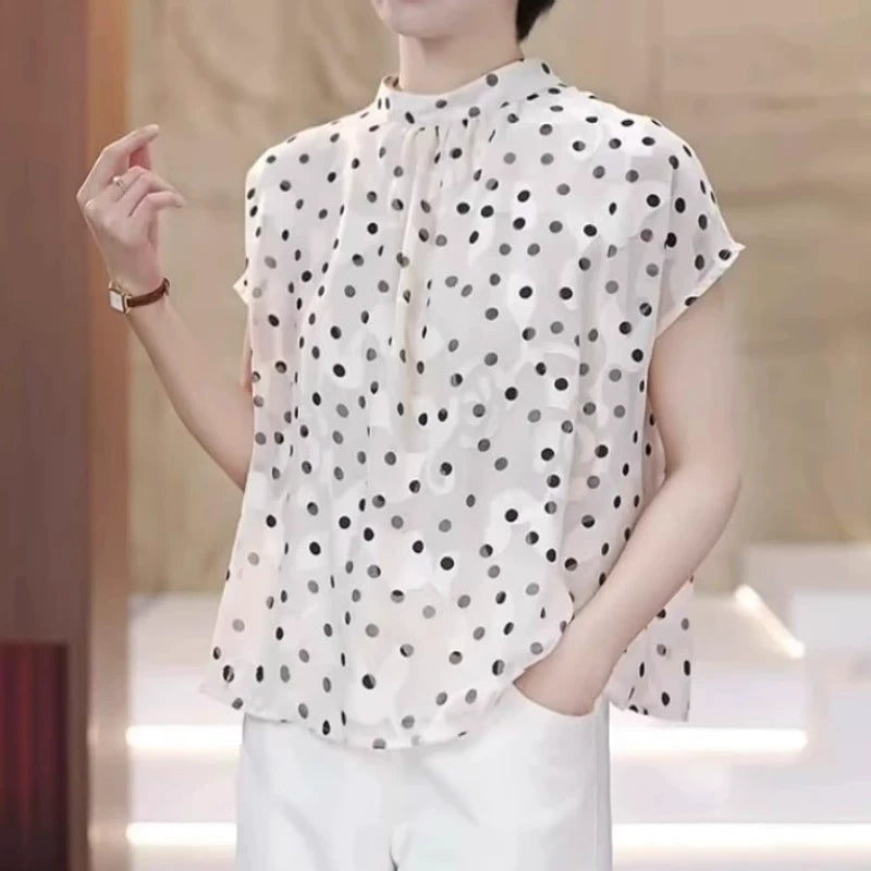 Qadınlar üçün Böyük Ölçülü Fransız Üslublu Geri Dönən Polka Nöqtəli Köynək, Yeni Yay Modeli, Arıqladıcı Dizayn, Qəşəng Qısaqol Top