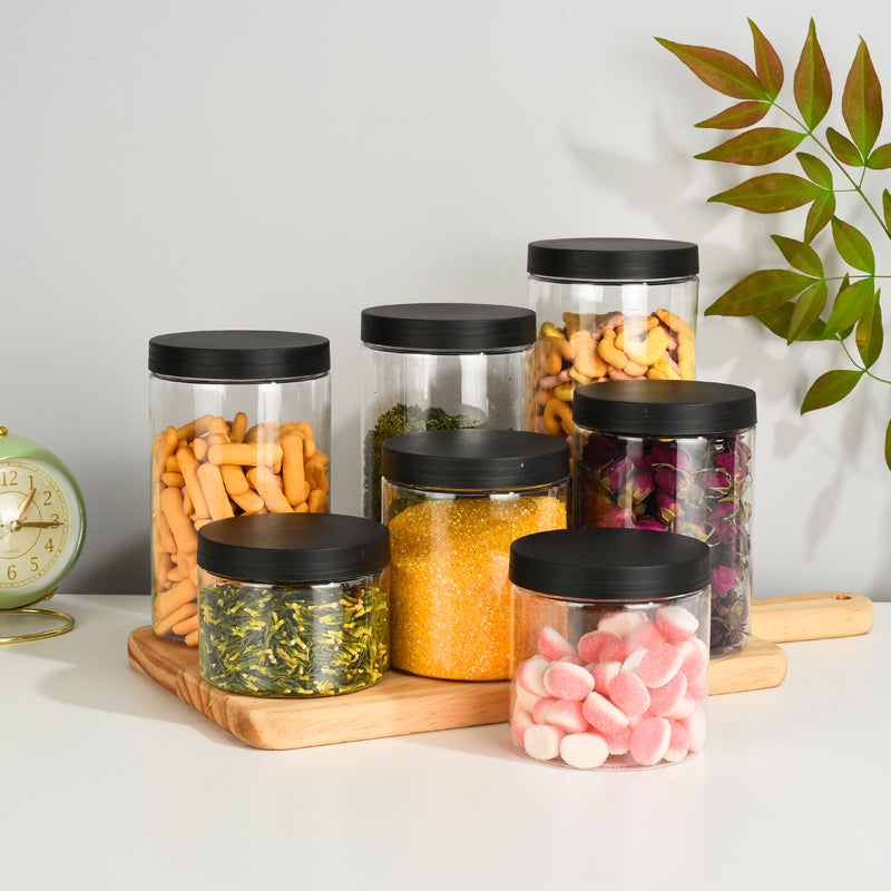 85 qara şaxtalı qapaq qalınlaşdırılmış şəffaf plastik banka pet möhürlənmiş banka qoz bal qablaşdırma toz keçirməyən plastik şüşə