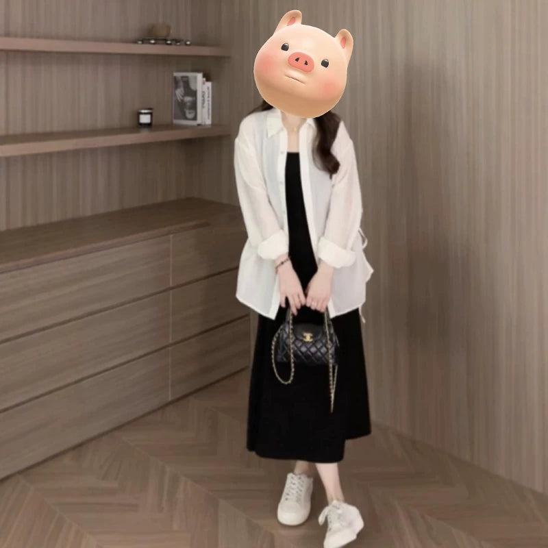 Böyük ölçülü qadınlar üçün gündəlik, ətəkləri bölünmüş nazik günəşdən qoruyucu köynək, uzunqol, yeni yay üslubunda, geniş formalı, böyük ölçülü qadınlar üçün arıqladıcı gödəkçə/top.