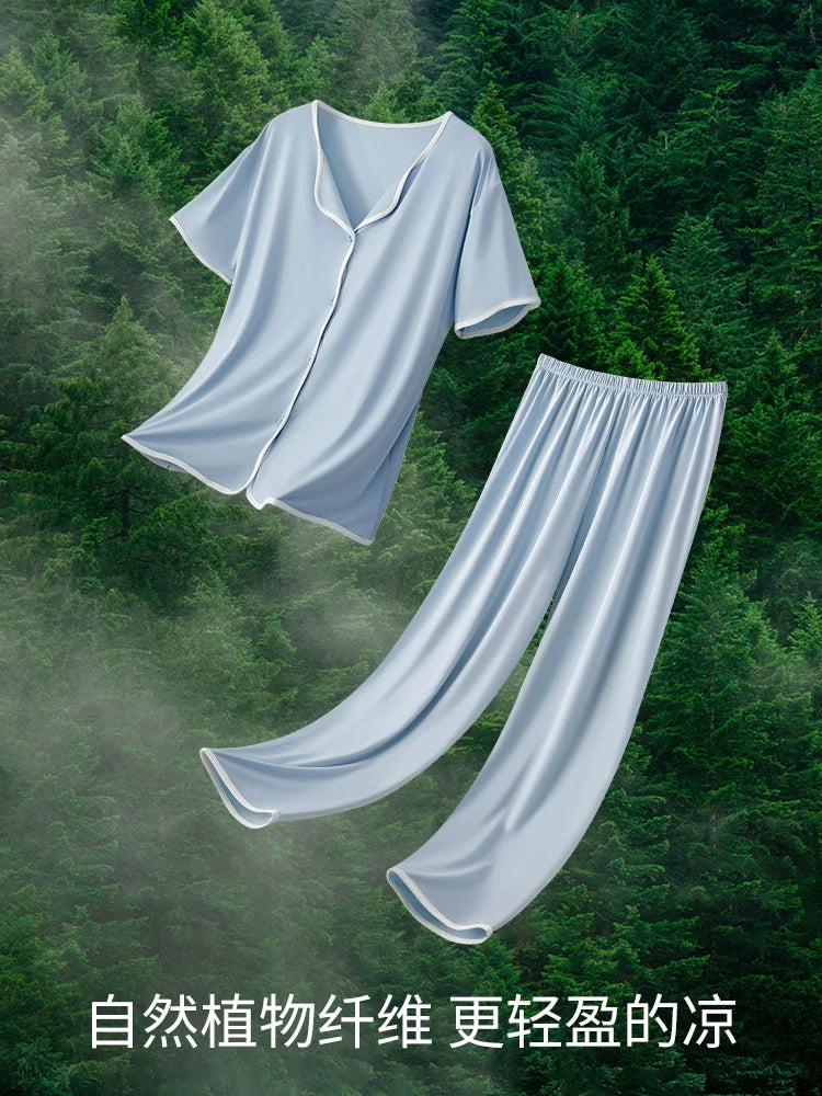 Qadınlar üçün modal pijama yay 2026 yeni yay qadın qısaqol şalvar sinə yastıqları ilə ev paltarları böyük ölçülü yay