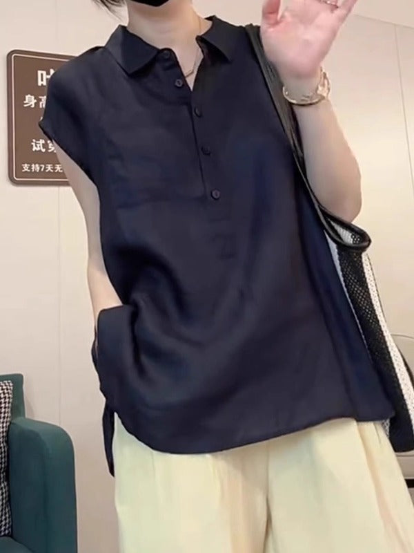 Avropa üslubunda, yüksək keyfiyyətli qara rəngli, qadınlar üçün qısaqol polo köynək, yeni yay üslubunda, arıqladıcı, geniş və çoxfunksiyalı top.