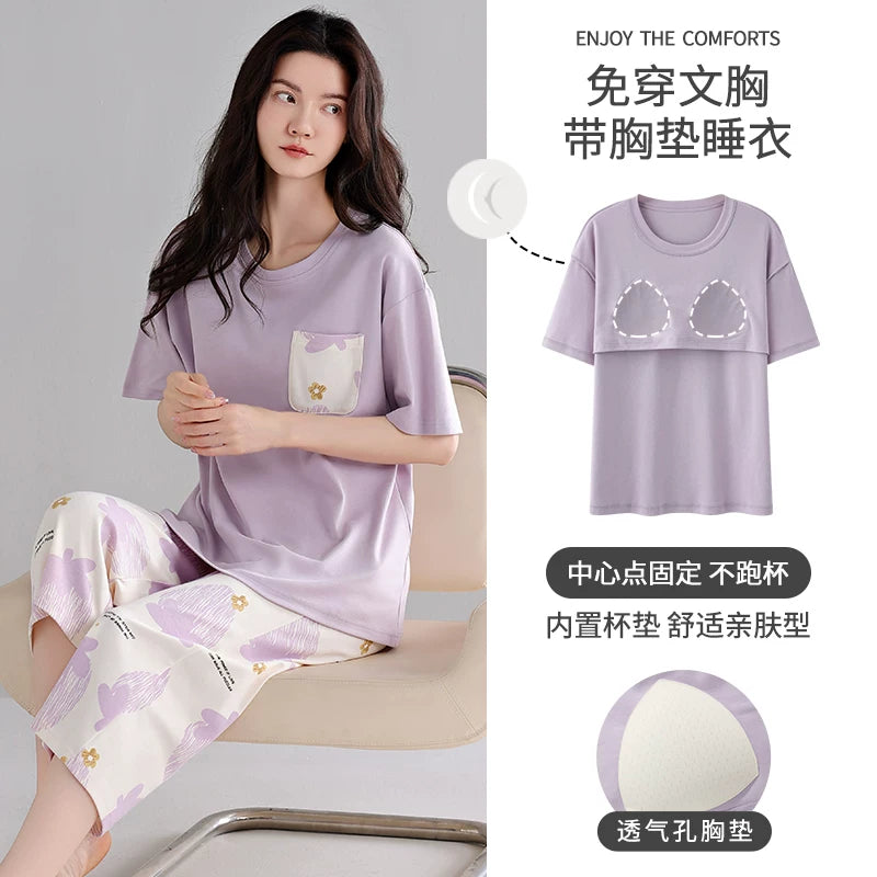 Urban Beauty təmiz pambıq pijama qadınlar üçün yay yeni qısaqol, sinə yastiqciqları olan dörddə üç şalvar ev geyimi mavi kostyum