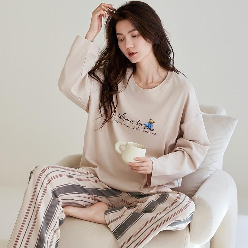Qadınlar üçün Catman təmiz pambıq pijama, yaz və payız 2026 yeni yay uzunqol şalvar, sadə gündəlik ev geyimi dəsti