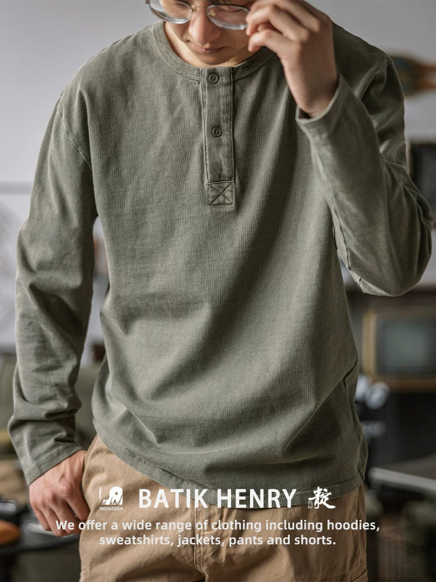 Indigo American Retro Yuyulmuş Batik Henley Köynək T-shirt Çətin Möhkəm Boş Açıq Yaxalıqlı Uzun Qollu Köynək Kişi Yaz