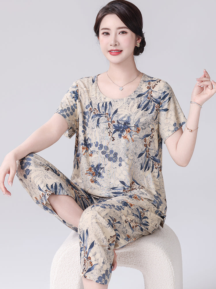 Pambıq ipək yay qısaqol nazik qadın pijama dəsti böyük ölçülü boş sadə gündəlik pambıq ipəyi ev paltarından kənarda geyinmək olar