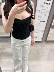 Qadınlar üçün Amerika üslubunda şirin və ədviyyatlı, sadəlövh kamzol, incə oturacaq, incə krujeva daxili qat, gündəlik istifadə üçün çoxfunksiyalı mayka, yay