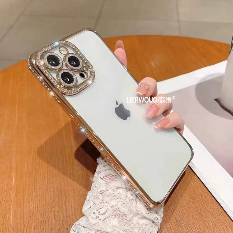 Apple 16 mobil telefon qutusu üçün uyğundur iphone17promax lüks rhinestone 13 yüksək səviyyəli mənada 11 şəffaf yumşaq qabıq 14 parıldayan linza filmi 12pro internet məşhur qadın modeli 13pro hər şey daxil silikon mobil telefon qutusu