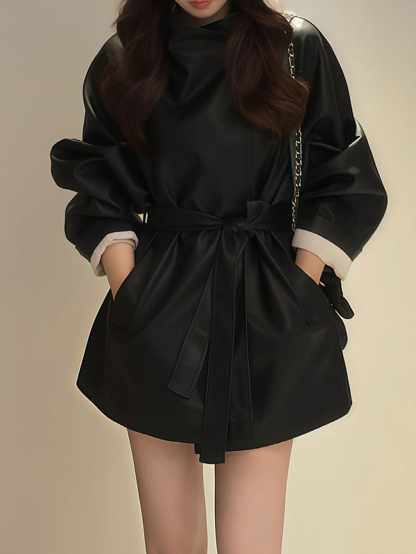 Koreya üslubunda qadınlar üçün böyük ölçülü dayaqlı, kəmərli bel dəri palto, yeni payız və qış üslubunda, böyük ölçülü qadınlar üçün orta uzunluqlu, arıqladıcı və çox yönlü trençkot.