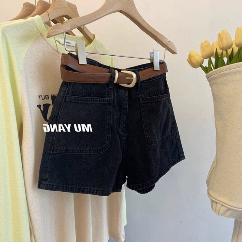 2026-cı il yayında qadınlar üçün yeni retro yüksək belli denim şortlar, arıqladıcı, geniş ayaqlı A-xəttli isti şalvar