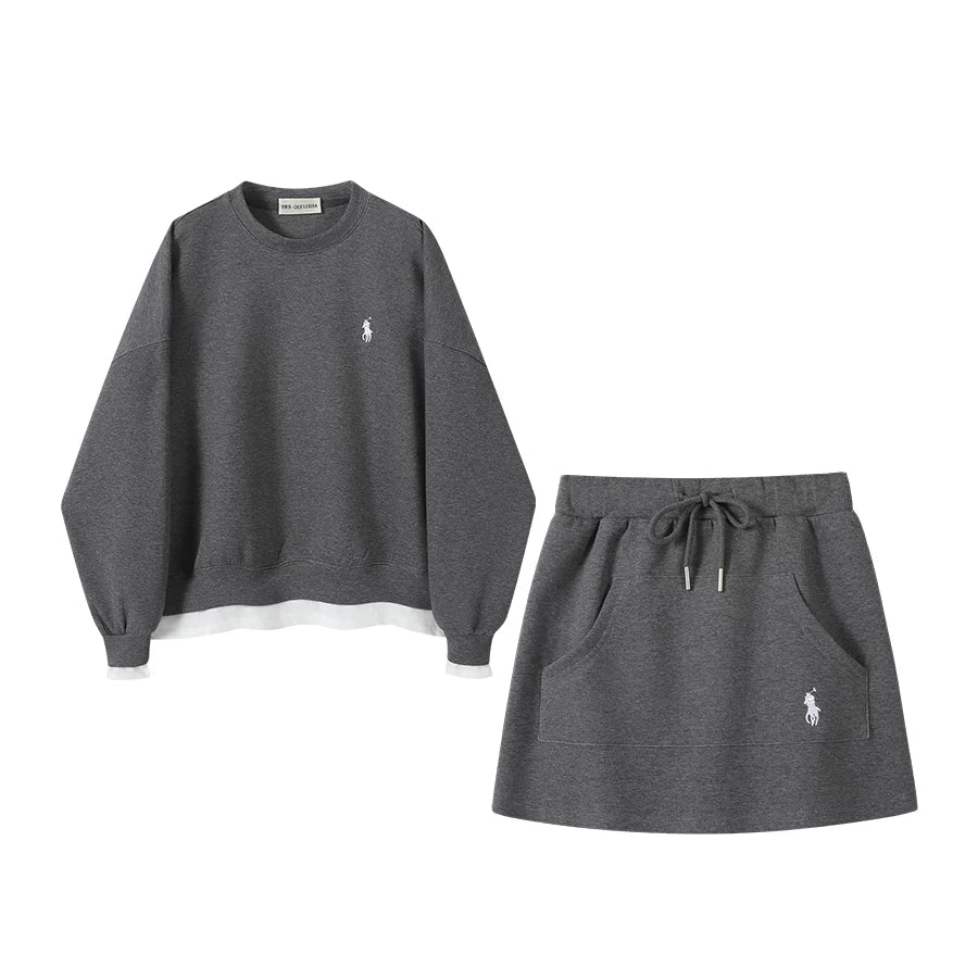 Chola Lisa Koreya üslubunda tənbəl üslubda başlıqsız boz rəngli qadınlar üçün sviter dəsti, yeni payız və yaz üslubu, ətəkli zərif iki hissəli dəst