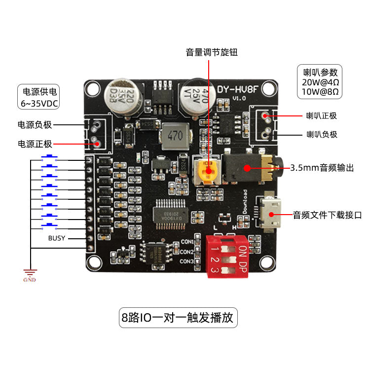 12V/24V səs oxutma modulu tək-tək tetikleyici serial port nəzarəti oxutma 10W/20W səs modulu HV8F