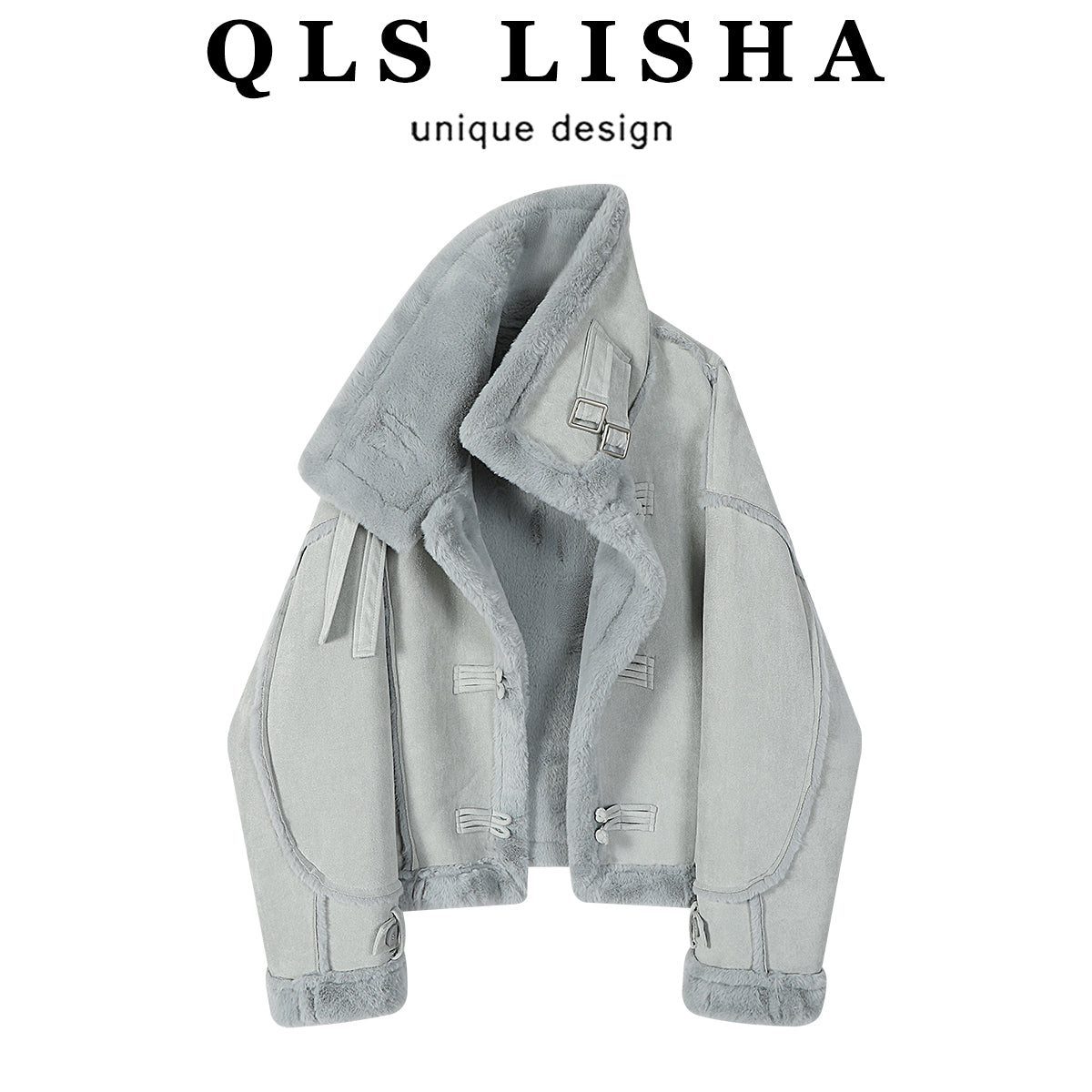 Cholisa Qısa Quzu Yunlu Xəz Astarlı Qalın Yeni Çin Üslublu Qadın Paltosu, Payız və Qış Yeni Üslubu, Super Şirin