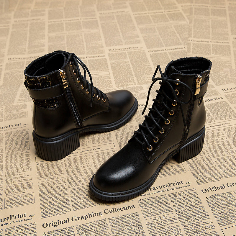 Dəri versiyası ~ Chanel üslubunda qadınlar üçün ayaq biləyi çəkmələri, super populyar hündürdaban qış, incə və şirin, sərin Martin çəkmələri.