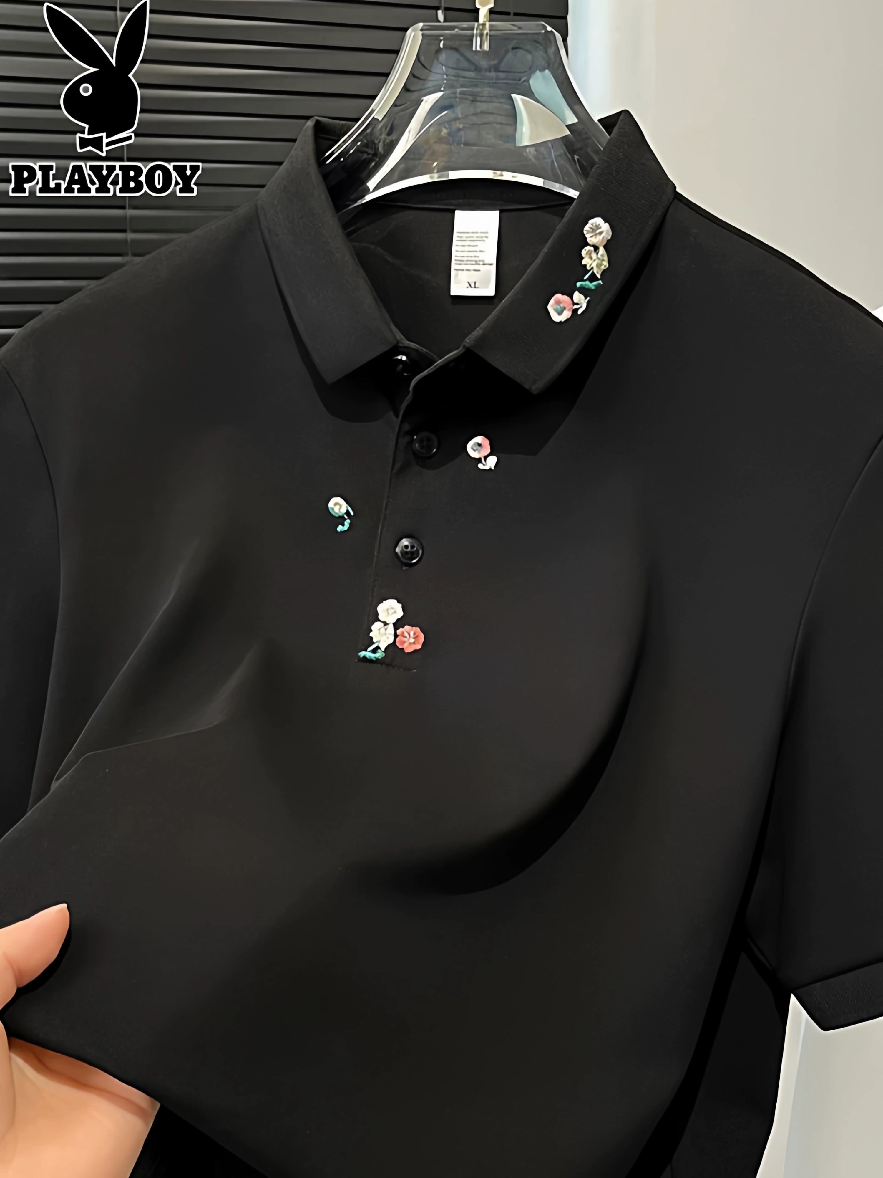 Playboy kişilər üçün yüngül lüks polo köynək yay yeni təsadüfi çox yönlü kişilər üçün naxışlı yaxa qısaqol köynək