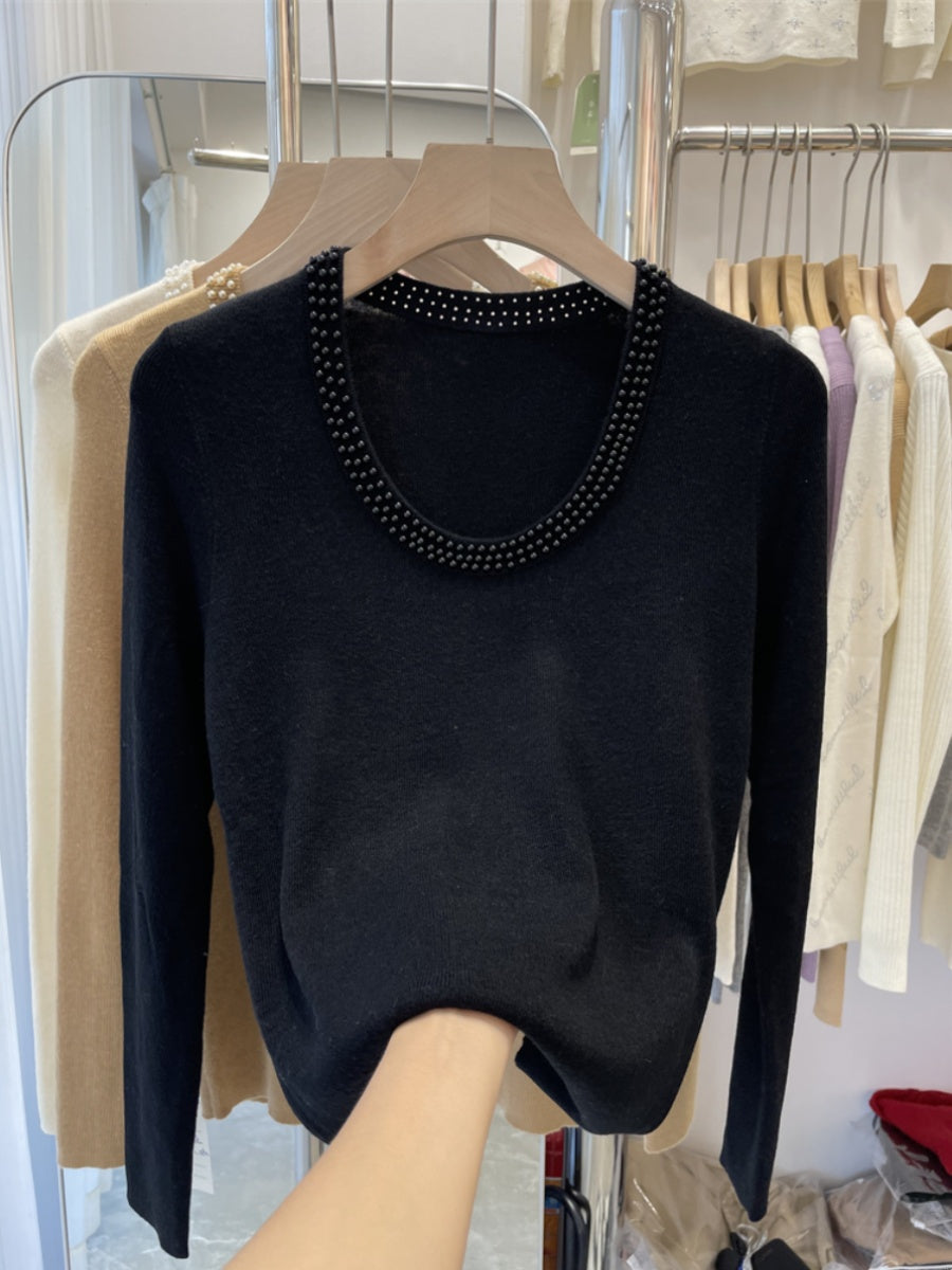 Böyük ölçülü qadın U-formalı trikotaj sviter, payız və qış dizaynı, muncuqlu sviter, boş və arıqladıcı top