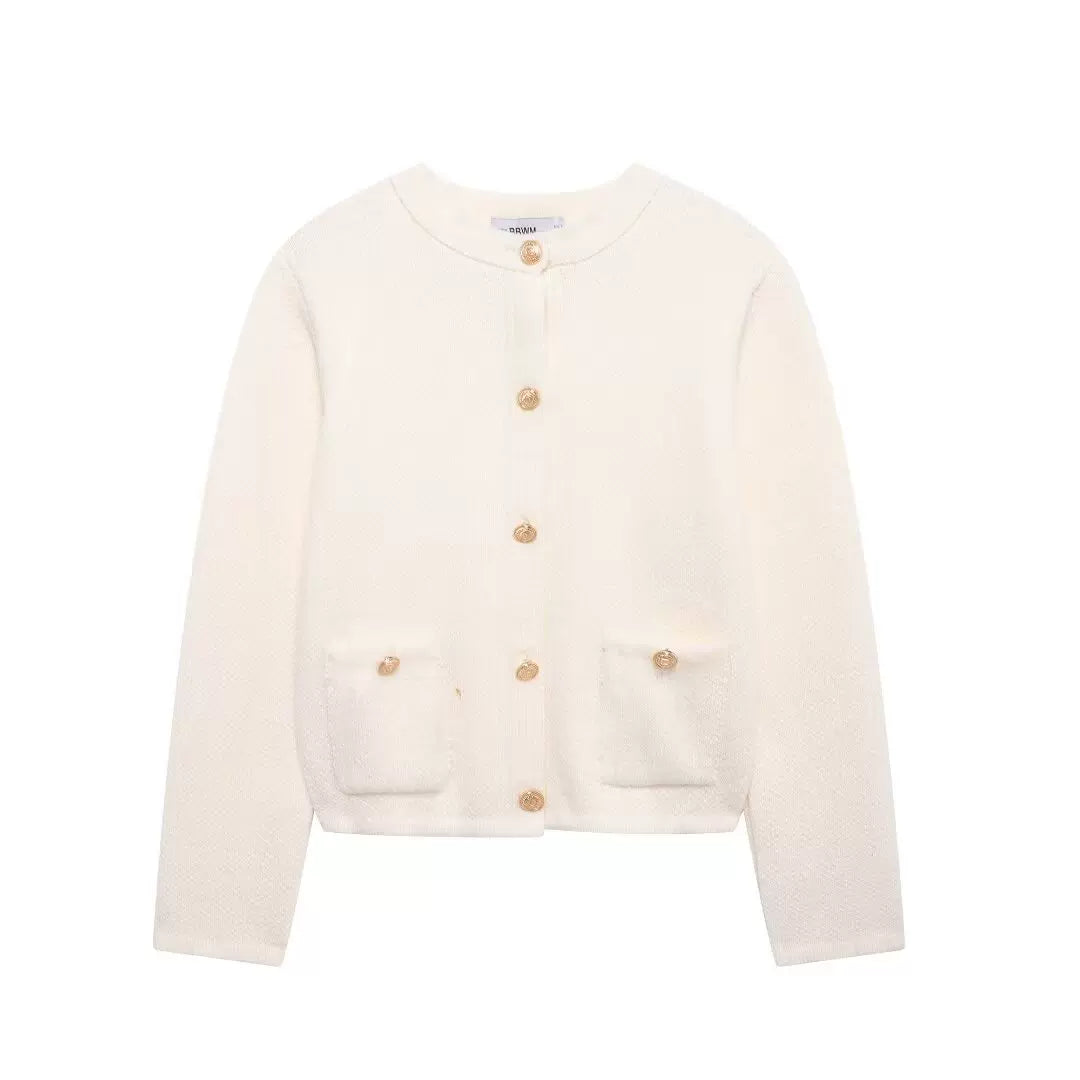 ZA Payız/Qış Yeni Qadın Geyimləri Avropa və Amerika Üslubunda Qızılı Düyməli Uzunqol Dəyirmi Yaxalı Qısa Örgü Kardiqan 6427144