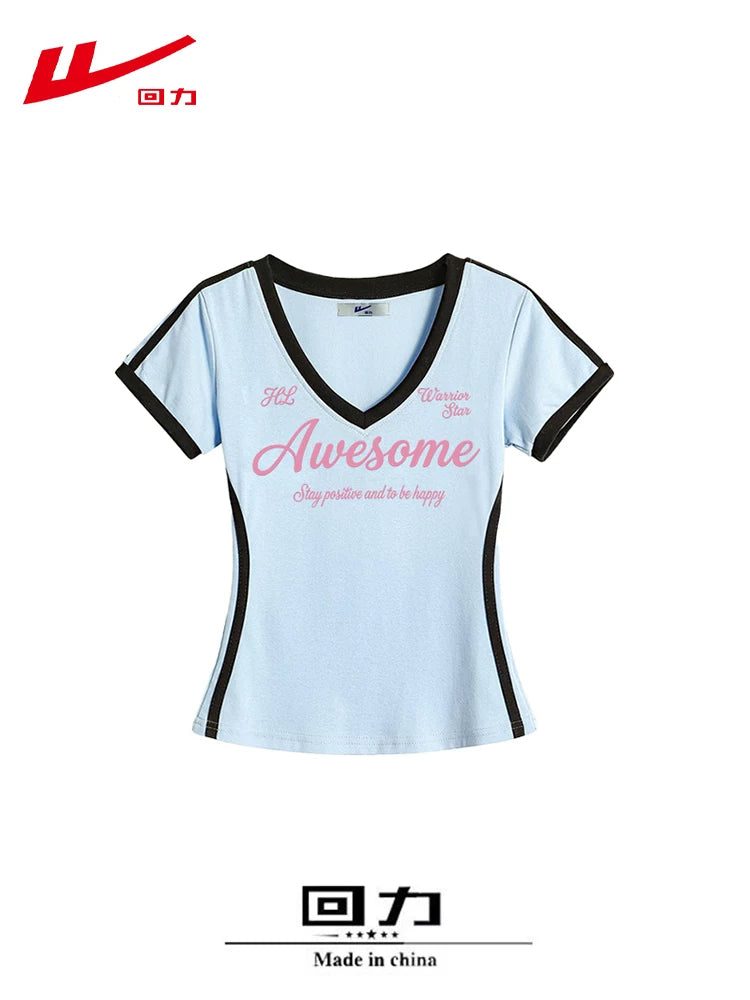 Huali Xiaoduo Pamine Sağ Çiyin Qısaqol Qadın T-shirti 2026 Yaz, Yay və Payız Şirin Stil V Yaka İncə Pambıq Top