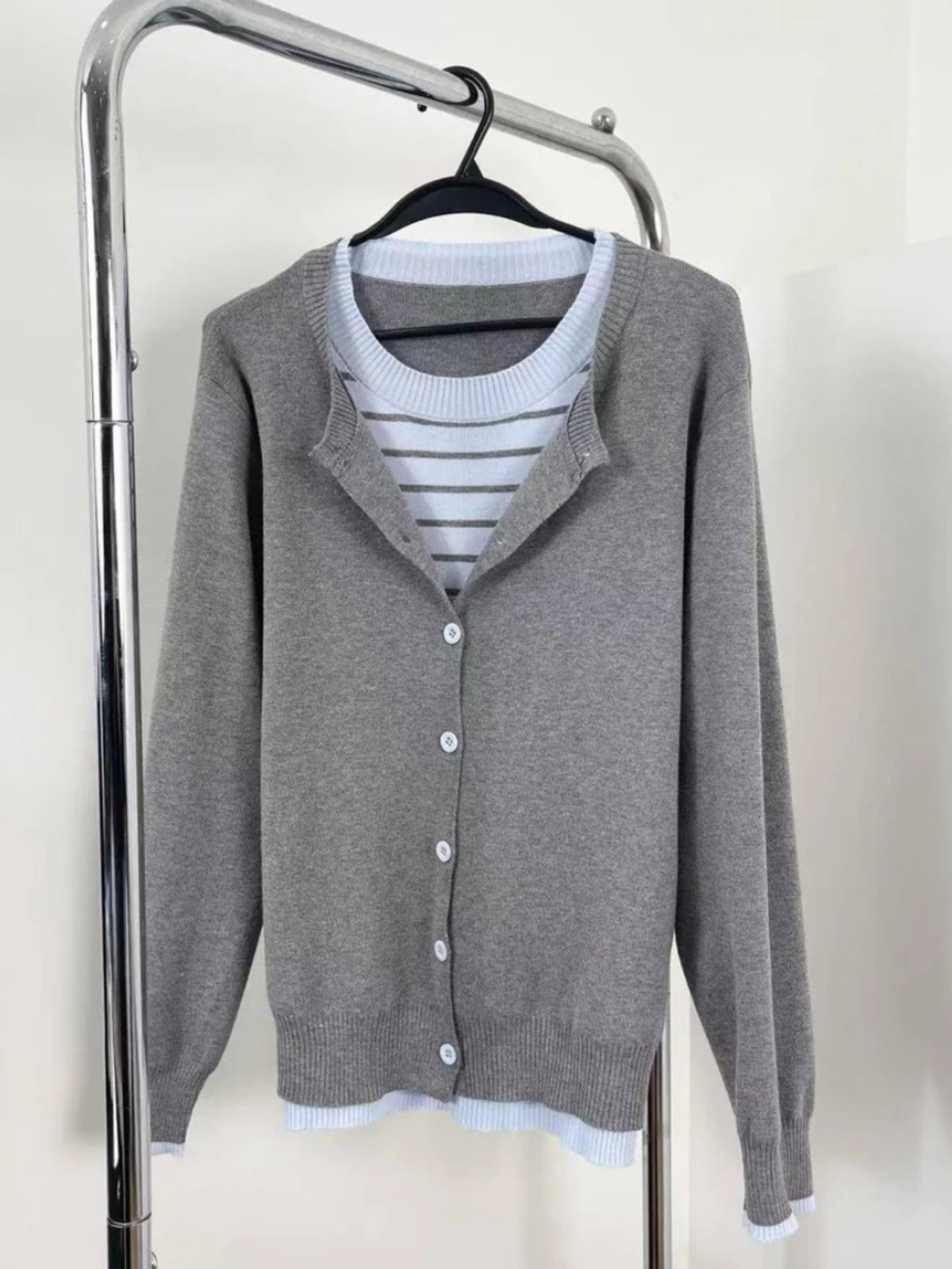 Early autumn new striped long-sleeved artificial two-piece elegant slimming daily fashion round collar knitted cardigan for plus size women