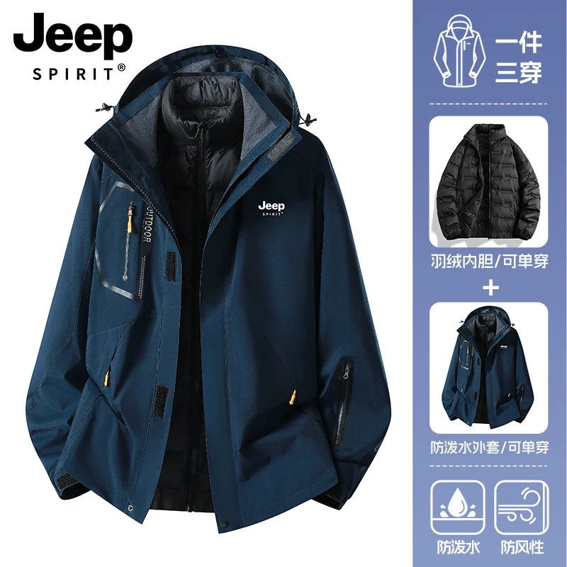 JEEP Kişilər üçün 2025-ci il Yeni Model Yaz, Payız və Qış Üçlü Birdə Yun Astarlı Qalın Kişi Üst Geyimləri