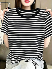 2026 Yeni Zolaqlı Qısaqol Qadın T-shirti Saf Pambıq Moda Çox Yönlü Boş Böyük Ölçülü Gündəlik Top Ana Yay Stili