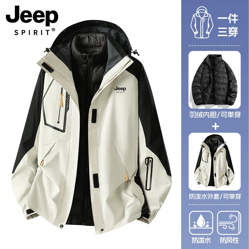 JEEP Kişilər üçün 2025-ci il Yeni Model Yaz, Payız və Qış Üçlü Birdə Yun Astarlı Qalın Kişi Üst Geyimləri