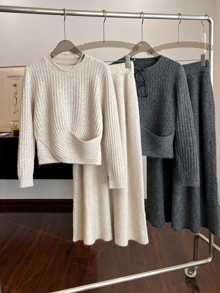 French style, elegant, loose fit round neck sweater, spring knit sweater, mid-length A-line skirt set.