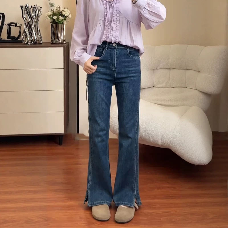 Qadınlar üçün mavi düz ayaqlı cins şalvar, 2026 Yeni Yaz Modeli, Böyük Ölçü, Yüksək Bel, Arıqladıcı, Dəbli Qabarıq Şalvar