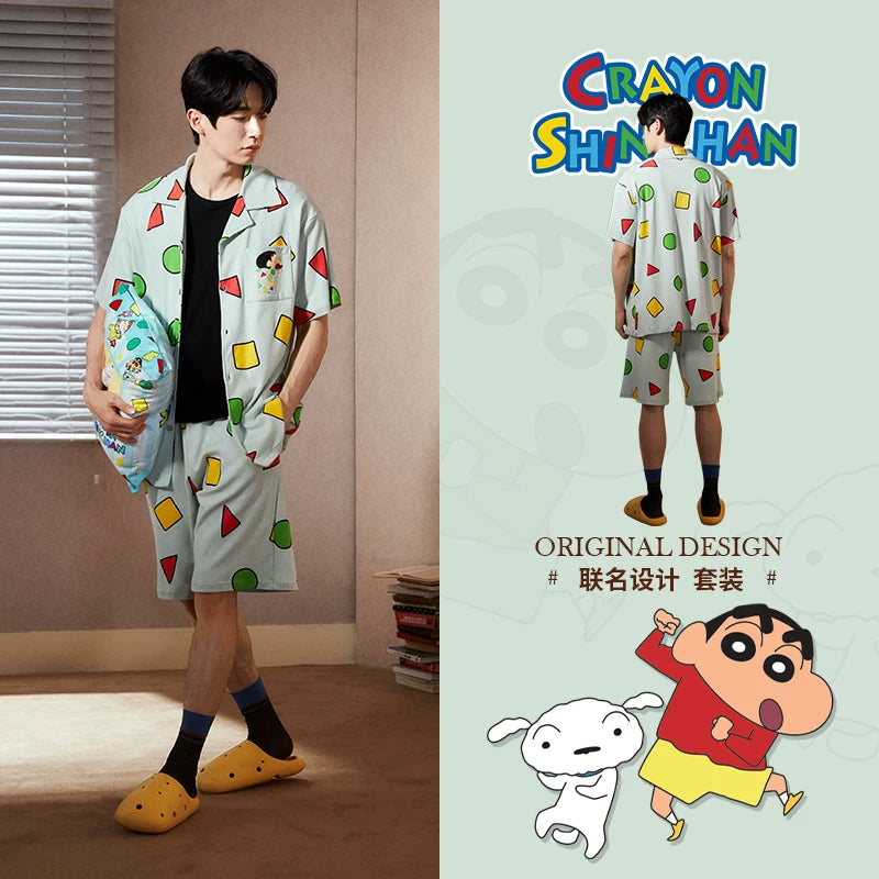 Gongdie [sərin tip] Crayon Shin-chan cüt pijama qadın qısaqol təmiz pambıq böyük ölçülü kişi hırka ev geyimi yay