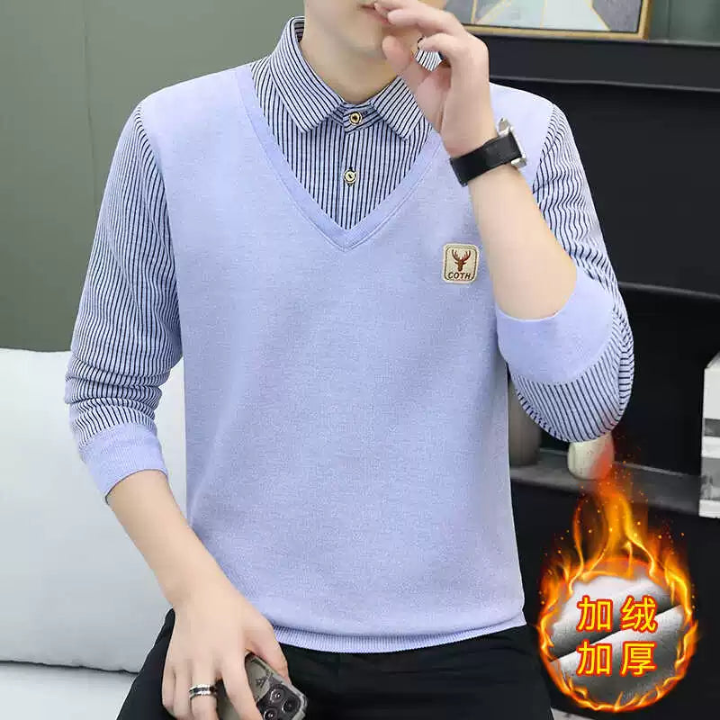 Kişilər üçün iki hissəli, flis astarlı isti köynək yaxalıqlı toxunma sviter, dəbli gündəlik əsas qatlı yun sviter