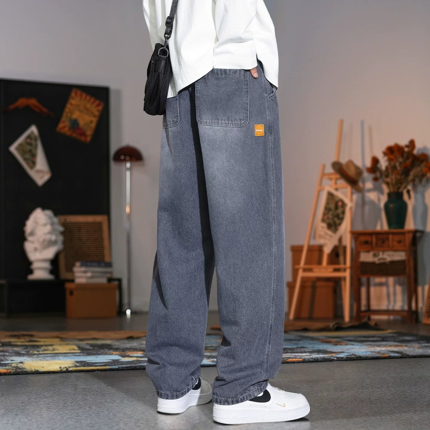 Kişilər üçün New Balance xaki cins şalvarı, 2025-ci ilin payız yeni modeli, boş, düz ayaqlı gündəlik iş şalvarı.