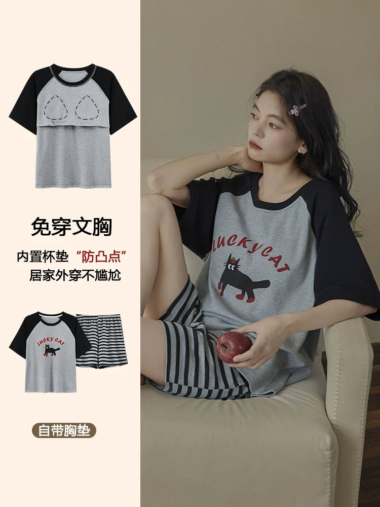 Fenton Kean Döş Yastıqlı Pijama Qadınlar üçün Yay Təmiz Pambıq 2026 Yeni Qısaqol Şort Tələbə Ev Geyimi Dəsti