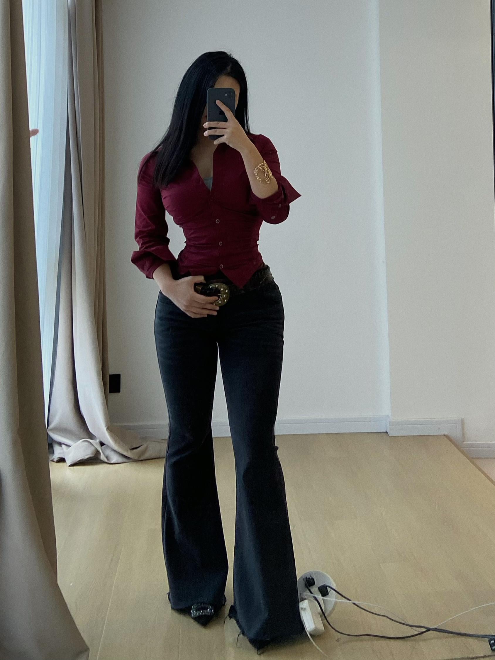 "Anqola Qırmızı Köynək, Han Jiaren Qırmızı" - Qırışlı Bel Arıqladıcı Elastik Uzunqol Köynək