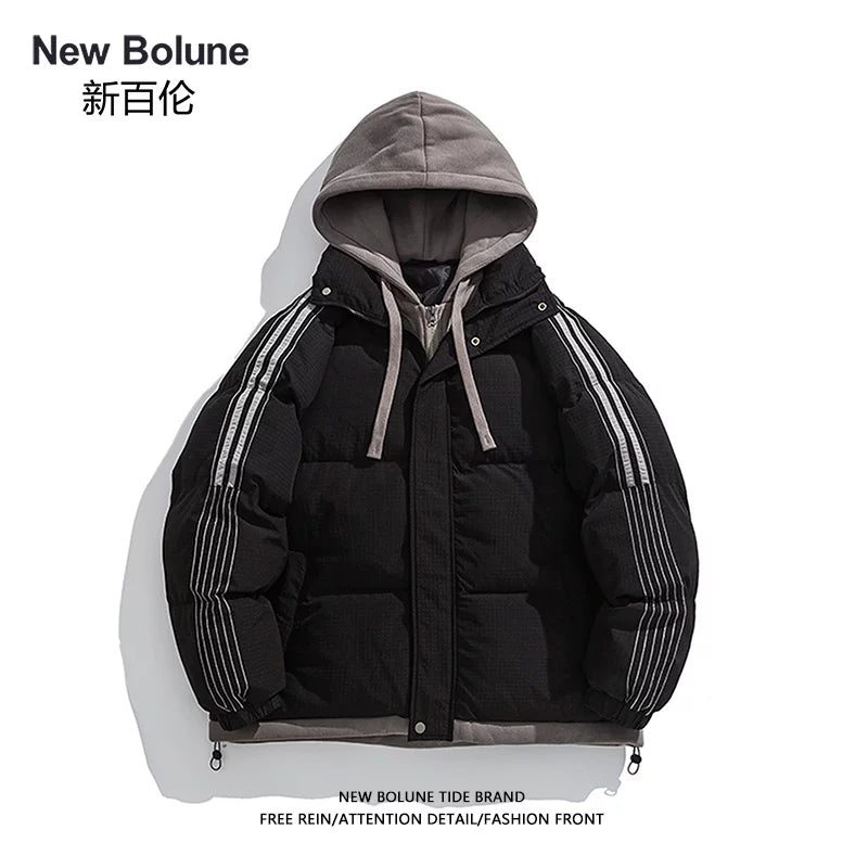 NEW BOLUNE/New Balance Qış Başlıqlı Pambıq Yastıqlı Gödəkçə, Kişilər üçün Yüksək Keyfiyyətli Amerika Retro Qalın Pambıq Yastıqlı Gödəkçə
