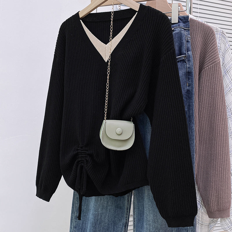 Xarici ticarət ixracı üçün orijinal sifariş geri götürülmüş, etiket kəsilmiş, payız və qış saxta iki hissəli V-yaxalı çəkmə sviter, böyük ölçülü qadın uzunqol trikotaj geyimləri