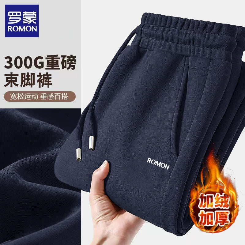 Romon Kişi Payız Yun Astarlı Qalın İsti Boş Örgü İdman Şalvarı Düz Ayaqlı Gündəlik Uzun Şalvar