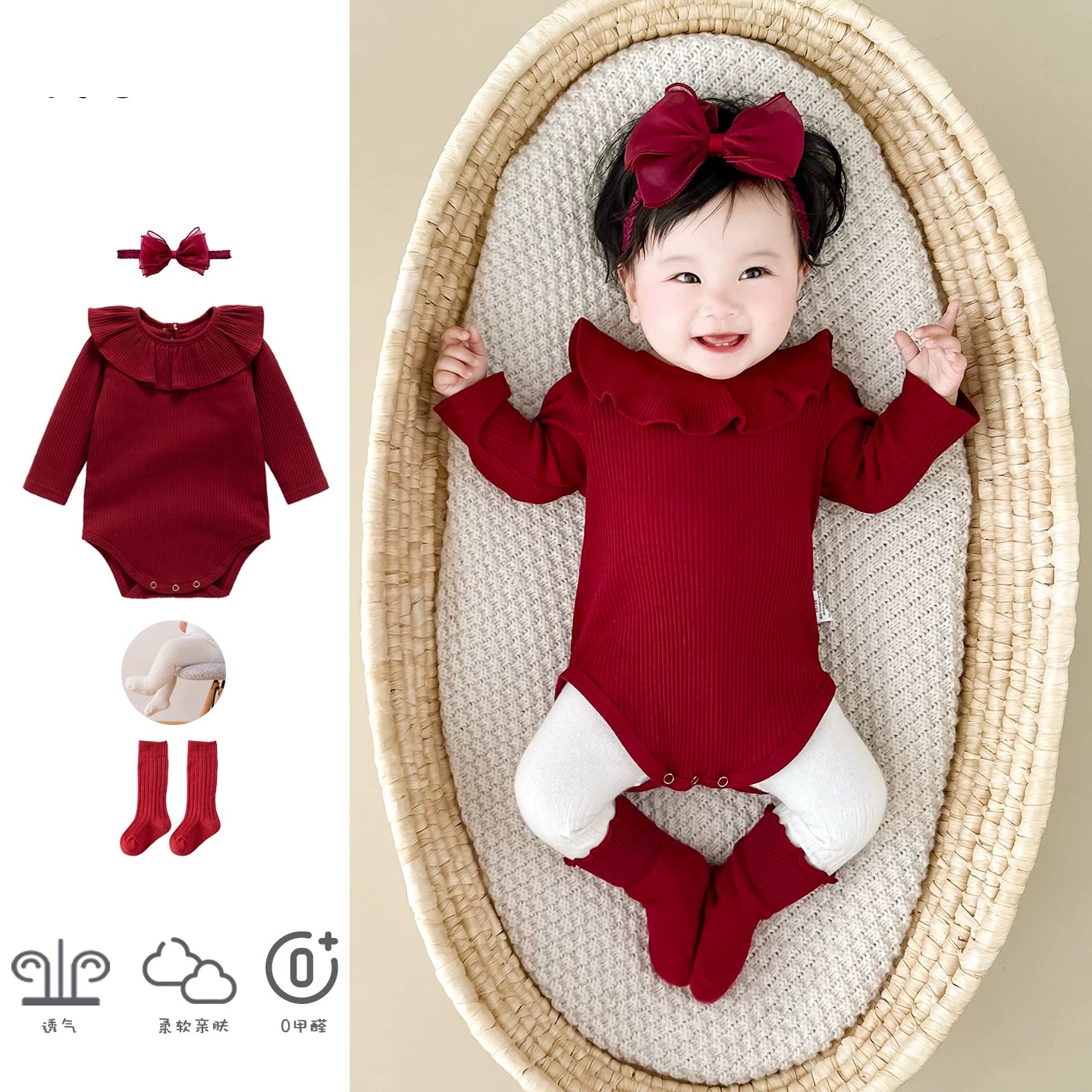 Qızlar üçün Fransız Uamtor Payız Körpə Onesi, Tam Ay/100 Günlük Şahzadə Romperi, Qırmızı Bəzəkli Kostyum