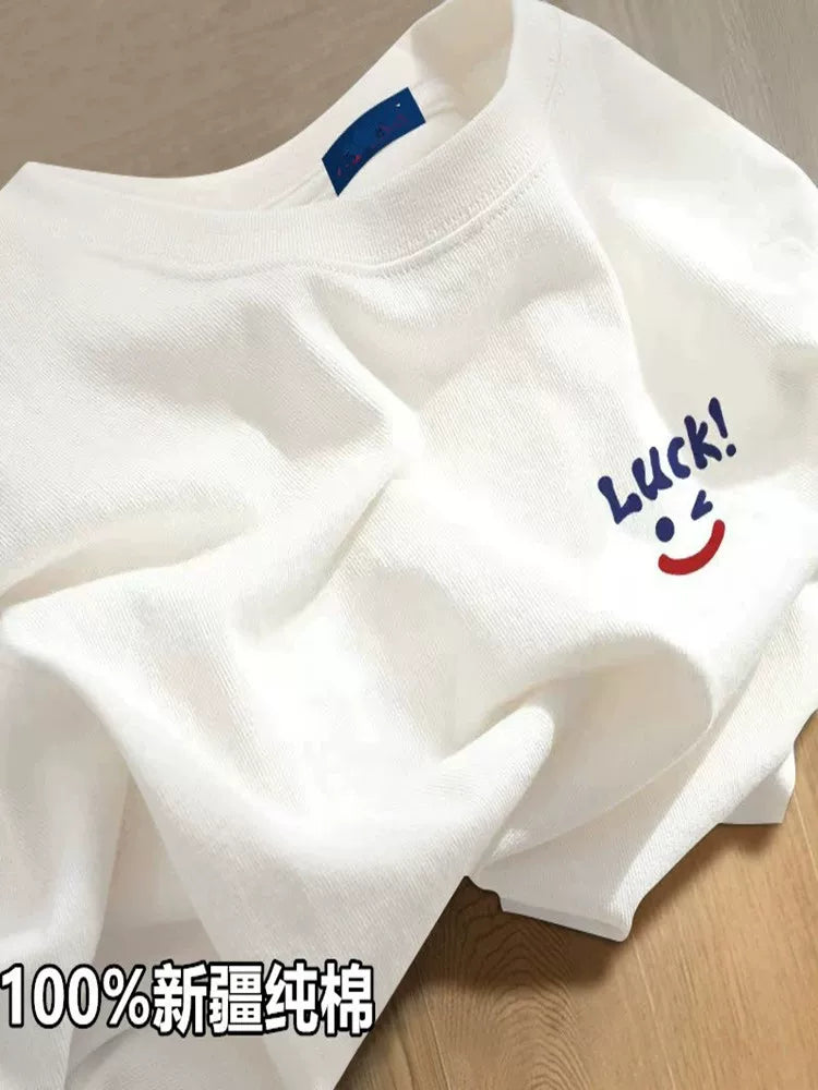 100% Sincan təmiz pambıq qısaqol köynək kişilər və qadınlar üçün milli moda ağ dibli köynək ins yay boş çaplı yarımqol köynək