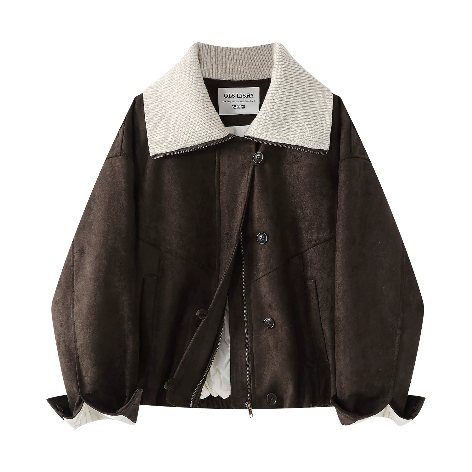 Qiaolisha Koreya üslubunda zamşa motosiklet gödəkçəsi, qadın qış trikotaj yaxalıqlı ağ ördək tüklü gödəkçə.